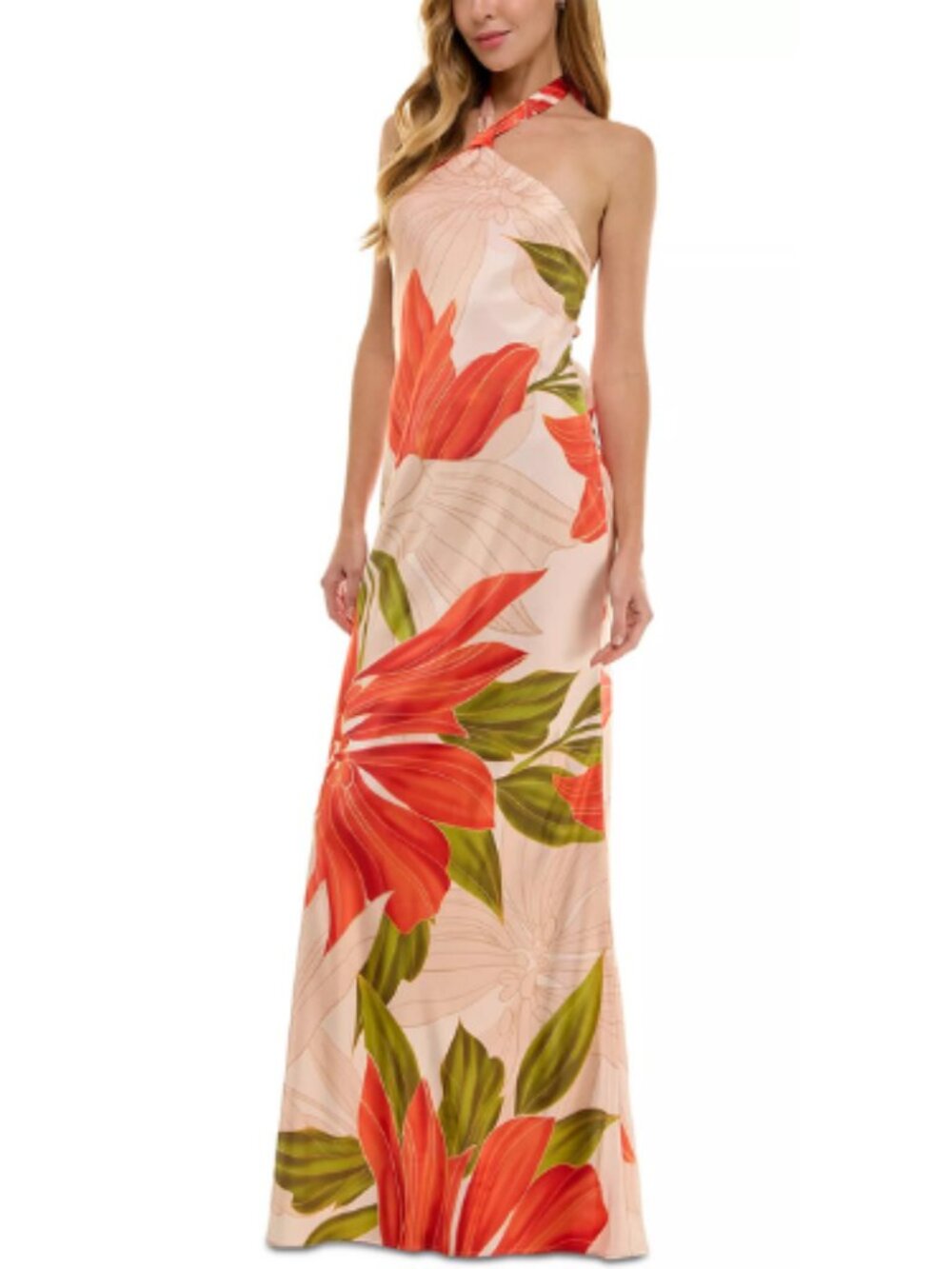 Seni & Cade Floor Length Satin Gown Peach Floral Juniors Size M